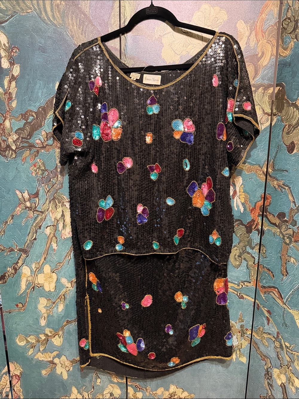 Neiman Marcus Black Sequin top and skirt with Multicolor Appliqués